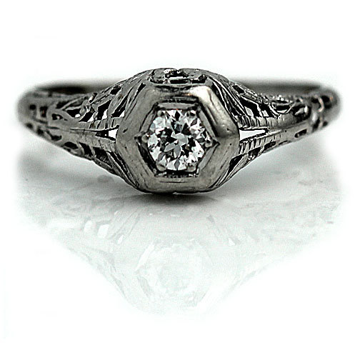 Hochzeit - 1930s Engagement Ring Diamond Ring 14K White Gold Ring Art Deco Unique Ring Solitaire Geometric Ring Size 6!