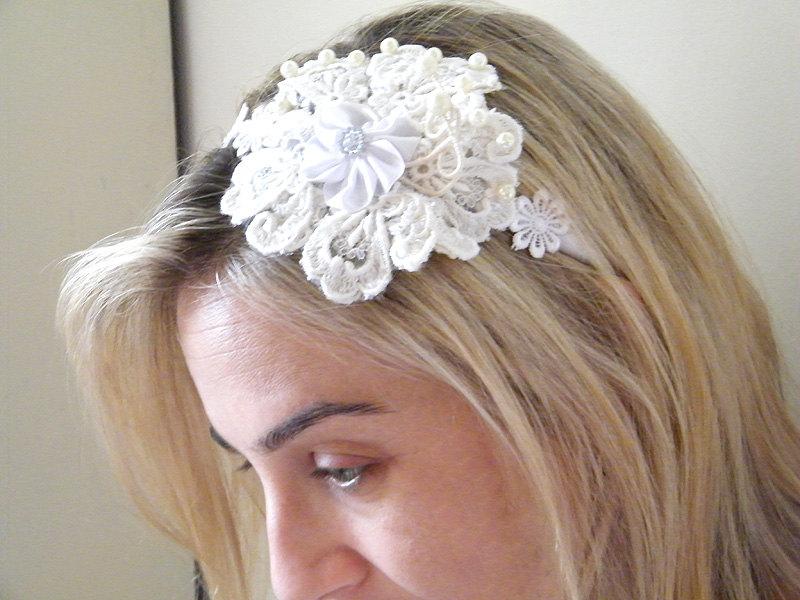 زفاف - Wedding  fascinator, Bridal Lace Headband, Vintage headband, Shabby chic  headpiece,  Wedding hair Accessory, Bridal head piece.
