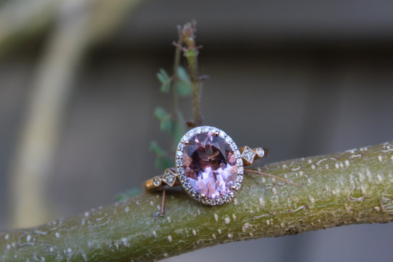 زفاف - 10x8mm Pink Oval Morganite & Diamond Halo Engagement Ring 14k Rose Gold - Art Deco Style Ring - Diamond Square and Round - Morganite Rings