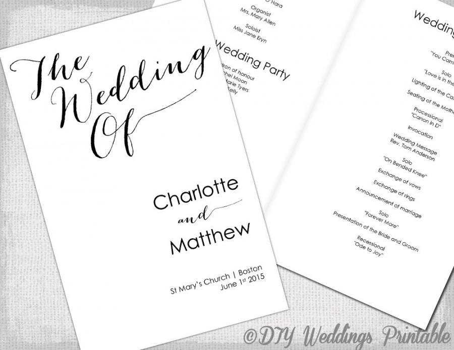 Wedding Program Template Calligraphy Black White Printable Wedding 