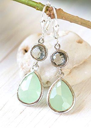 Wedding - Mint Dangle And Charcoal Jewel Drop Earrings In Silver. Mint Grey Bridesmaid Dangle Earrings. Jewelry Gift For Her. Wedding Party Gift
