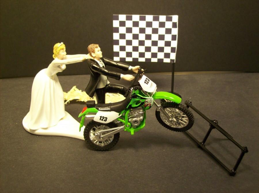 Motorcycle Dirt Bike Wedding Cake Topper Bride and Groom Green Kawasaki Ninja Funny Mechanic Grooms Cake Street Bike Wash