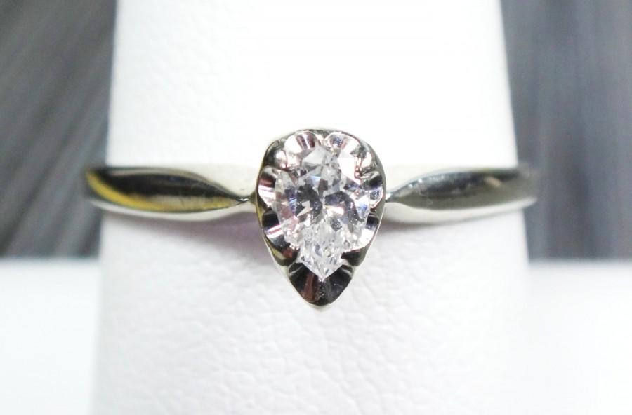 Hochzeit - Vintage Pear Cut Diamond Engagement Ring 14k Diamond Engagement Ring Solitaire Engagement Ring Promise Ring Pre-Engagement Size 8.25