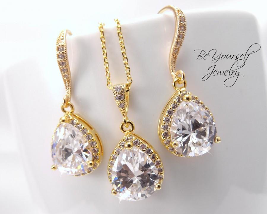 زفاف - Gold Bridal Earrings White Crystal Teardrop Bride Necklace Wedding Jewelry Cubic Zirconia Wedding Earring Bridesmaid Gift Bridal Accessories