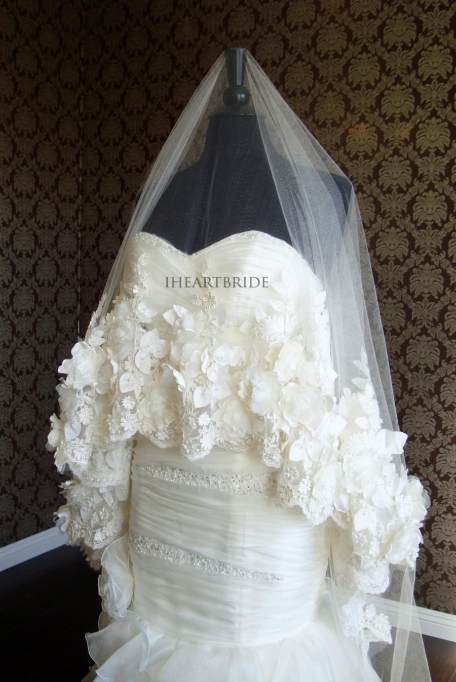 زفاف - Couture Luxury Sheerest Silk Tulle Designer 3D Flower Veil by IHeartBride Silk Tulle Collection V-MA72 Fures 3D Floral Lace Bridal Veil