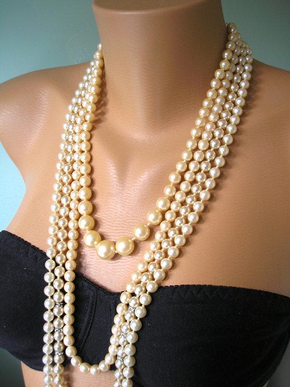 Mariage - Multistrand Pearl Necklace Flapper Gatsby 1920s Upcycled Vintage Assemblage Long Cream Rhinestone 4 Strand Art Deco Edwardian Style Handmade