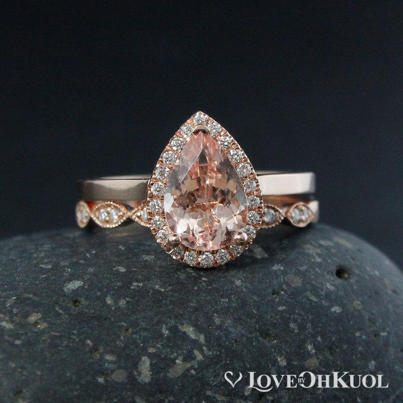Hochzeit - Pink Teardrop Morganite Engagement Ring – Double Leaf Milgrain Diamond Wedding Band