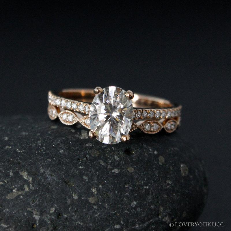 Свадьба - Rose Gold Oval Moissanite Engagement Ring & Milgrain Wedding Band Set - Forever Brilliant Moissanite