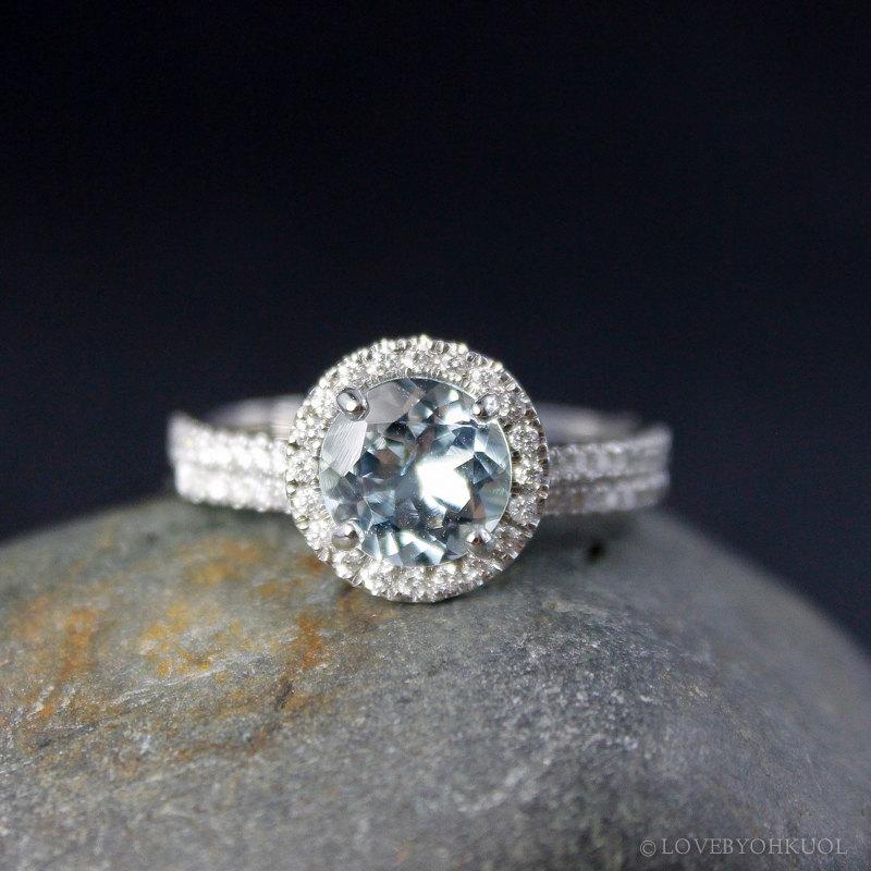 زفاف - Blue Aquamarine Engagement Ring – Half Eternity Diamond Wedding Band – Choose Your Setting