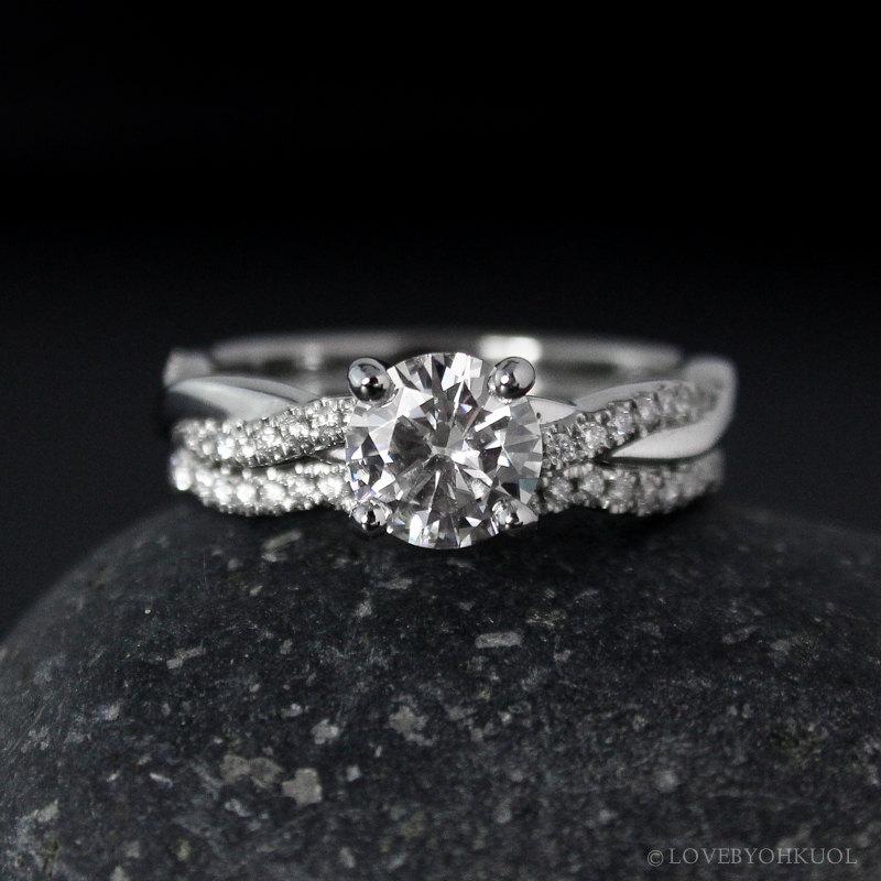 Hochzeit - Moissanite Engagement Ring - Forever One - Twisted Vine Band - Micro Pave Diamond Band, Matching Set
