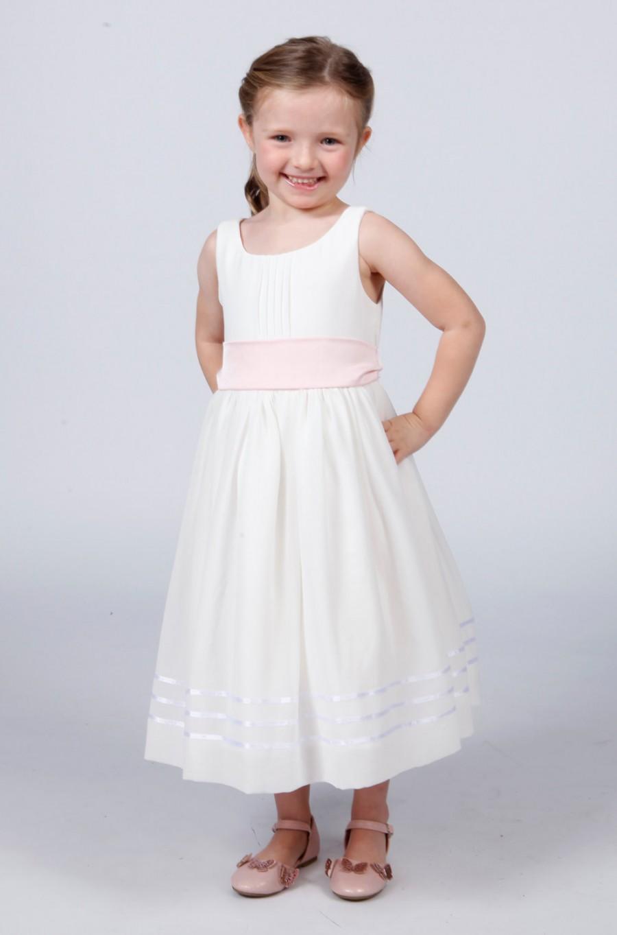 Hochzeit - Matchimony White Flower Girl Dress with Pale Pink Sash also available in other colours