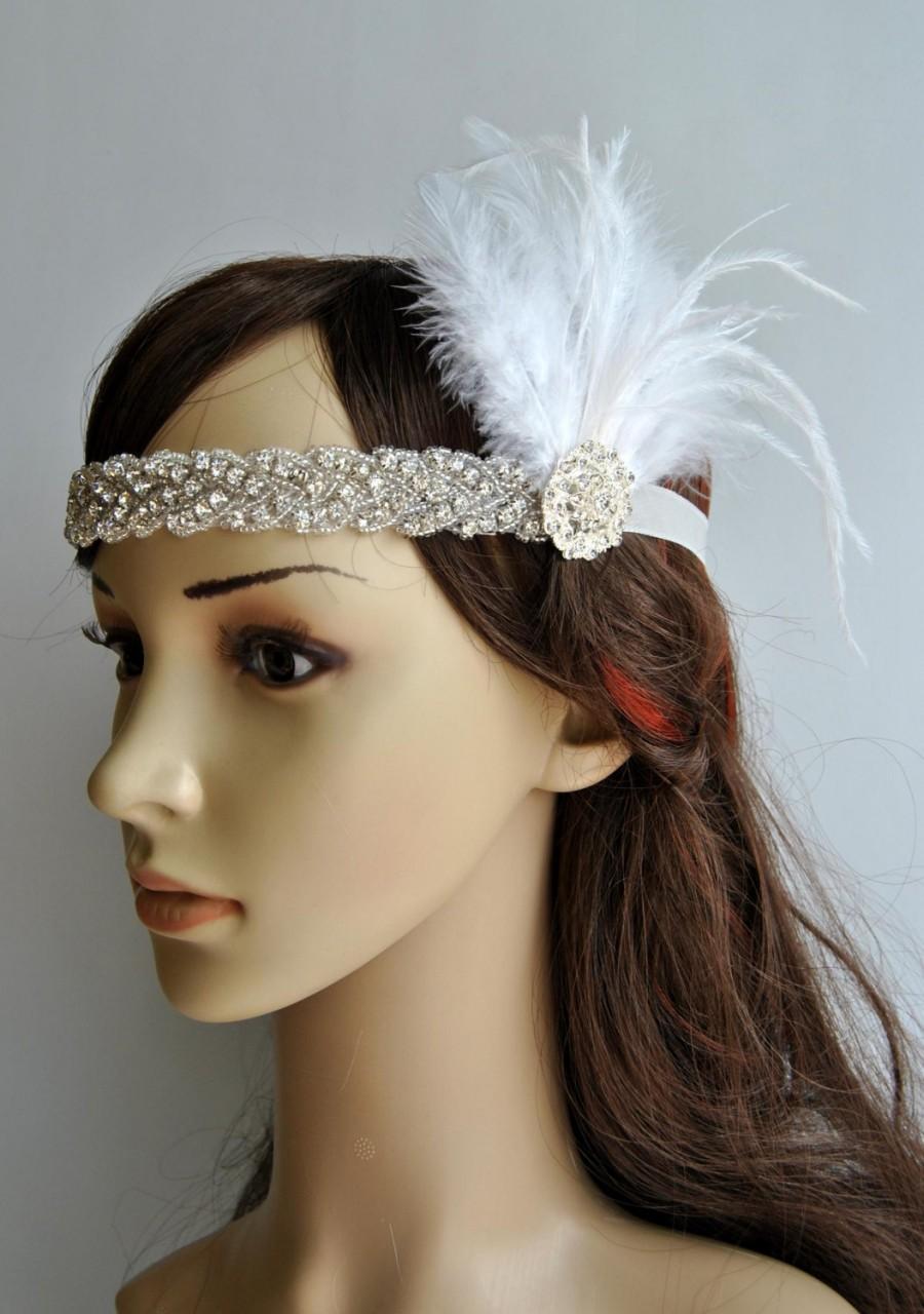 Hochzeit - Crystal Rhinestone Headband Headpiece, 1920s flapper gatsby Headband, Wedding Headband, White ivory Feather Headband