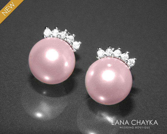 Mariage - Rosaline Pink Pearl Stud Earrings Blush Pink Pearl CZ Small Bridal Earrings Swarovski 8mm Pearl Sterling Silver Post Wedding Bridal Earrings