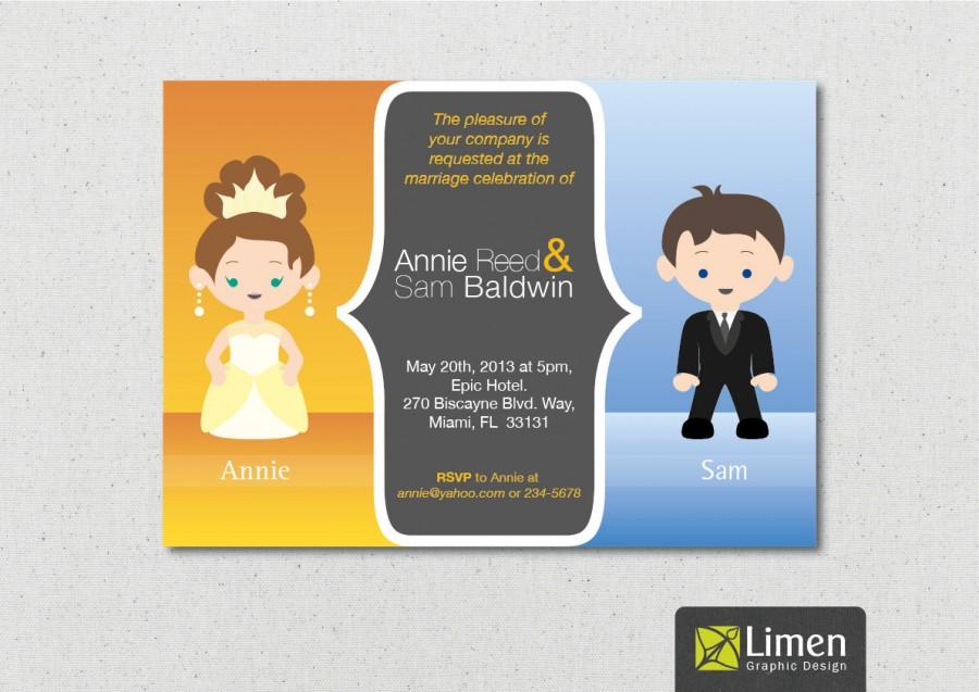Свадьба - Funny Wedding Invitation personalized with a bride and groom illustration 