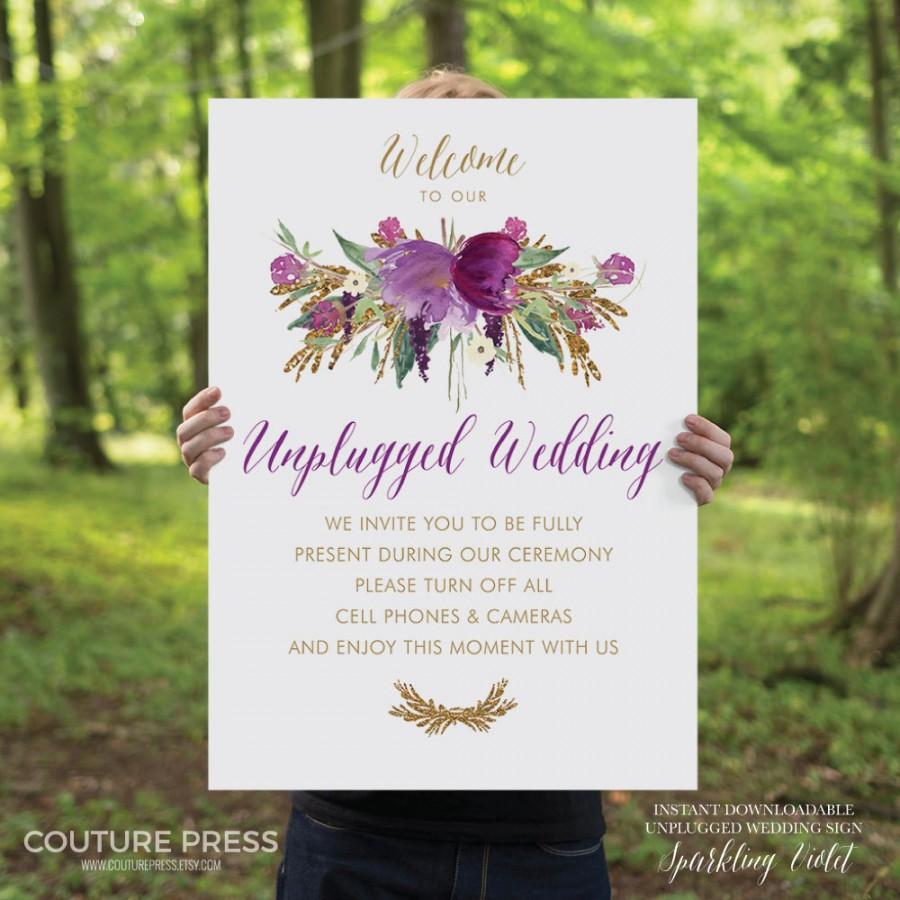Hochzeit - Printable Unplugged Wedding Sign, Watercolor Sparkling Violet, Rustic Whimsical DIY Printable Sign, Wedding Signage