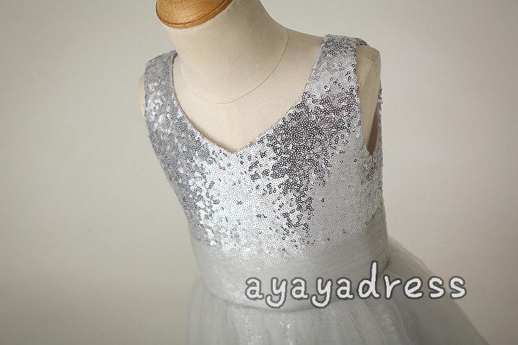 Hochzeit - Gray Sequins Flower girl dress , junior bridesmaid dress,Tulle Satin  Lined Girl Dress,Custom flower girl dress.cheap flower girl dress