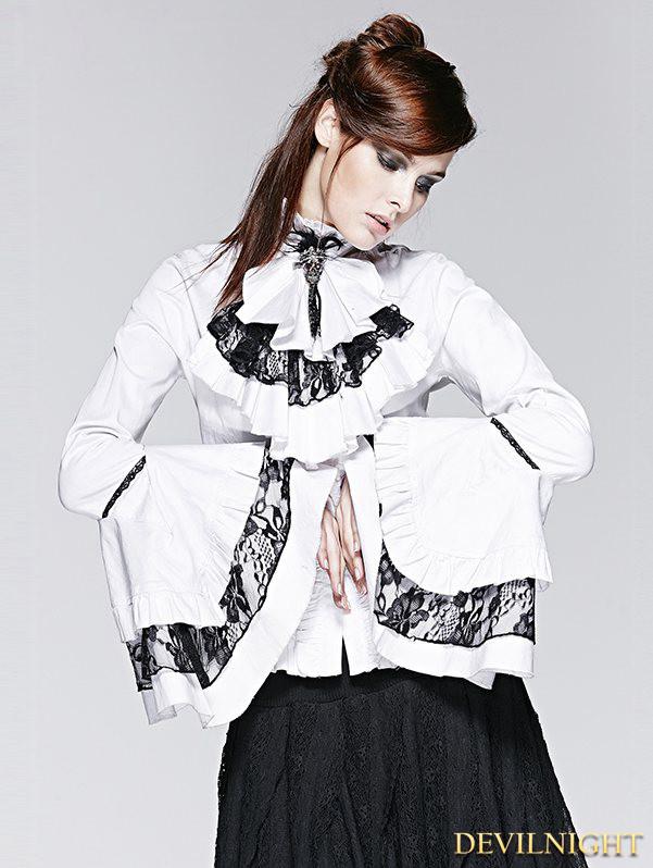 Wedding - White Gothic Long Trumpet Sleeves Blouse with Detachable Bowtie