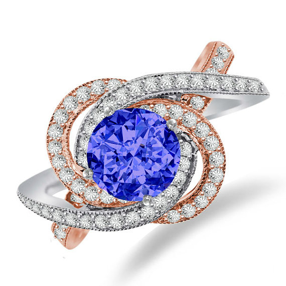 زفاف - Tanzanite & Diamond Swirl Halo Engagement Ring 14k Two Tone - Tanzanite Engagement Rings for Women - Unique - Modern Rings - Gemstone Rings