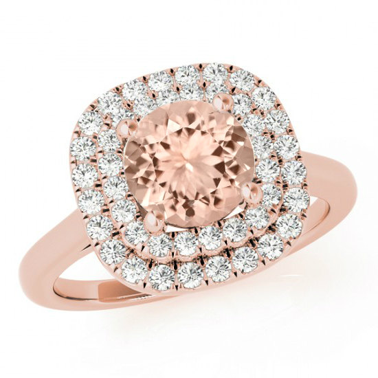 زفاف - 3 Carat Morganite & Diamond Double Halo Engagement Ring 14k Rose Gold - Morganite Cocktail Rings for Women - Morganite Jewelry - 9mm Stone