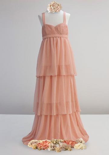 Mariage - Chiffon Straps Floor Length Tiers Ruched Sleeveless