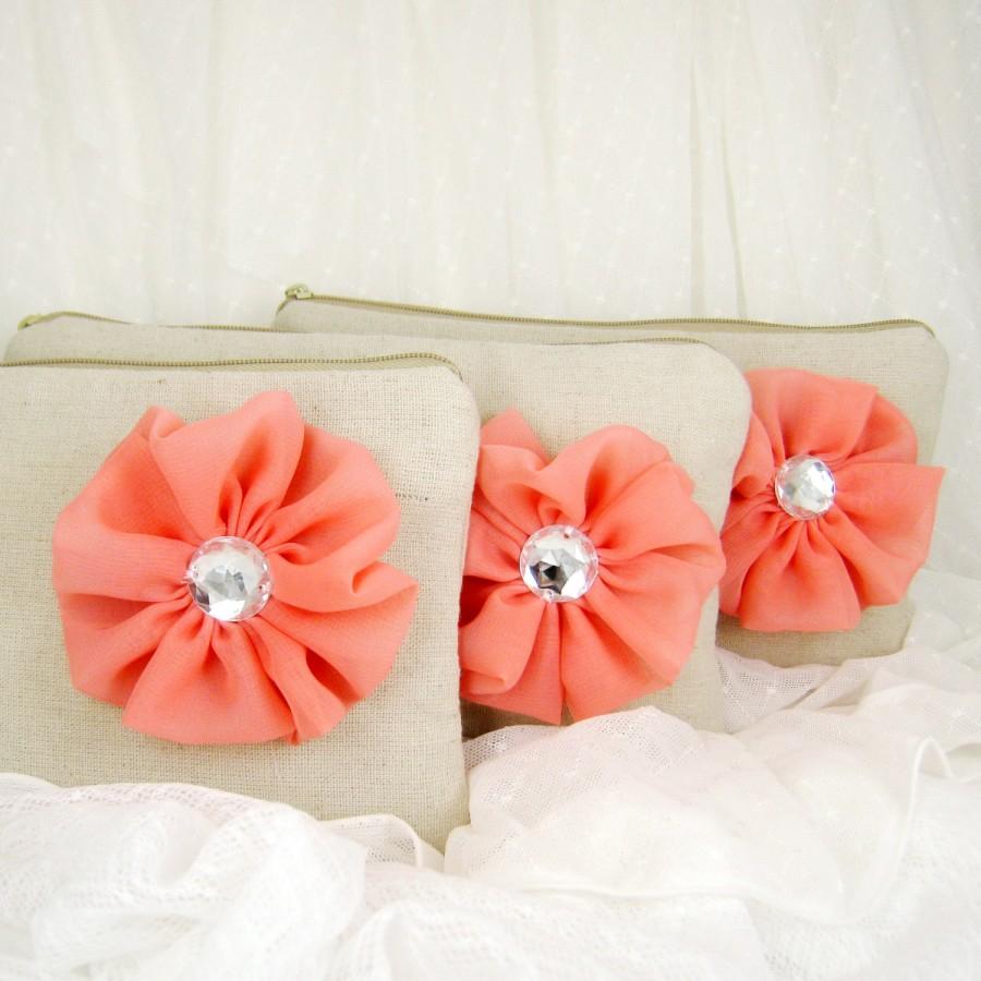 Wedding - SET of  3 - Rustic linen chiffon flower wedding clutches, linen bridesmaids clutches, purse and cosmetic bags (Ref: CL883)