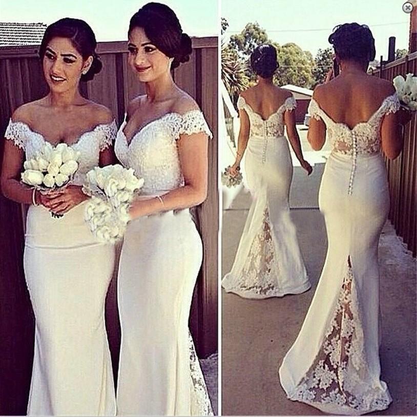 Hochzeit - Elegant Mermaid Off-the-Shoulder Floor Length Lace White Bridesmaid Dress
