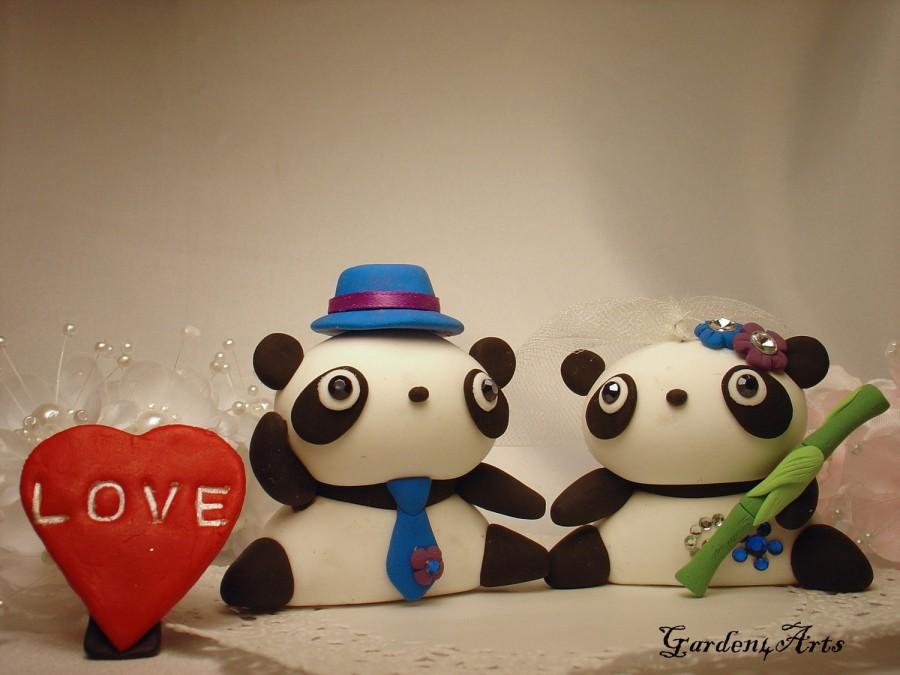 زفاف - Wedding Cake Topper--Lazy Panda with circle clear base--Bride Hold a  Bamboo / Asian inspired