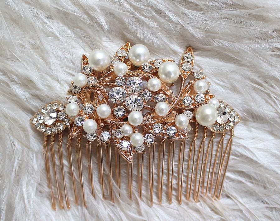 Hochzeit - Gold Crytal Pearl Bridal Hair Comb. Vintage Silver Rhinestone Jewel Wedding Headpiece. SERENITY