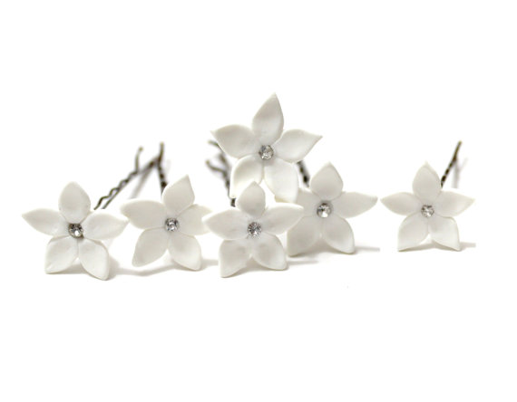 Wedding - White Jasmine Flower Accessories Hair pin Set of 6, Jasmine Wedding Hair Accessories, Wedding Hair Flower Hair Small Hair Flowers Set of 6