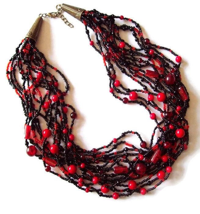 Mariage - Gifts for her birthday Coral necklace Red black necklace Bead necklace Multi strand beaded necklace Love gift womens Gift for mom Boho chic