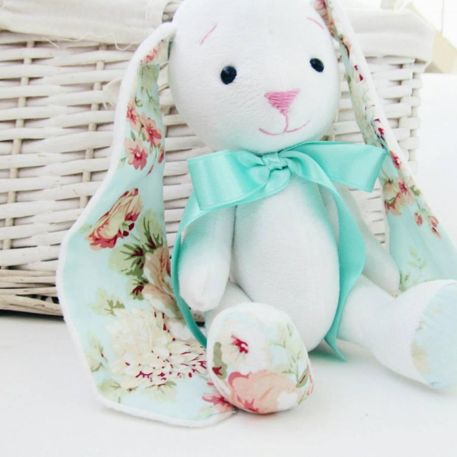 Свадьба - Baby gift girl, handmade white ivory bunny for girl, floral mint ears, nursery baby girl ORGANIC stuffed animal