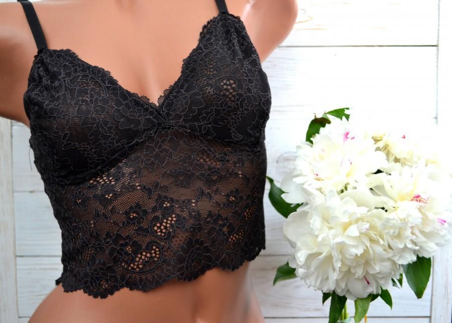 Свадьба - Black lace bralette/ Lace top/ Underwear/ Longline bra/ Soft cup bra/ Black lingerie/ Sheer bralette