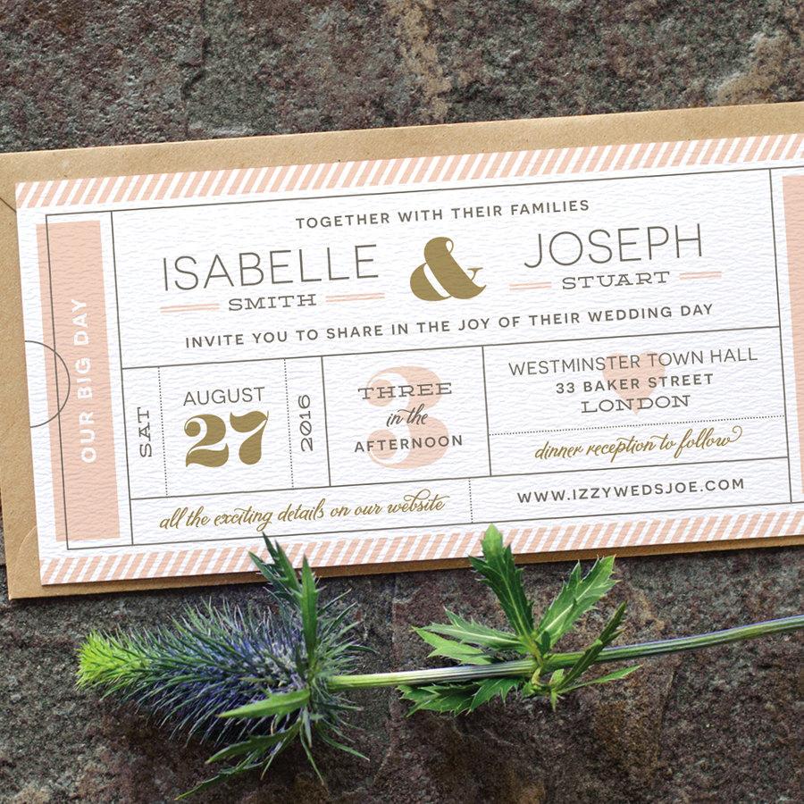 Hochzeit - Modern Ticket Wedding Invitation / 'Typography Ticket' Cute Admission Ticket Wedding Invite / Boarding Pass / Blush Nude Gold / ONE SAMPLE