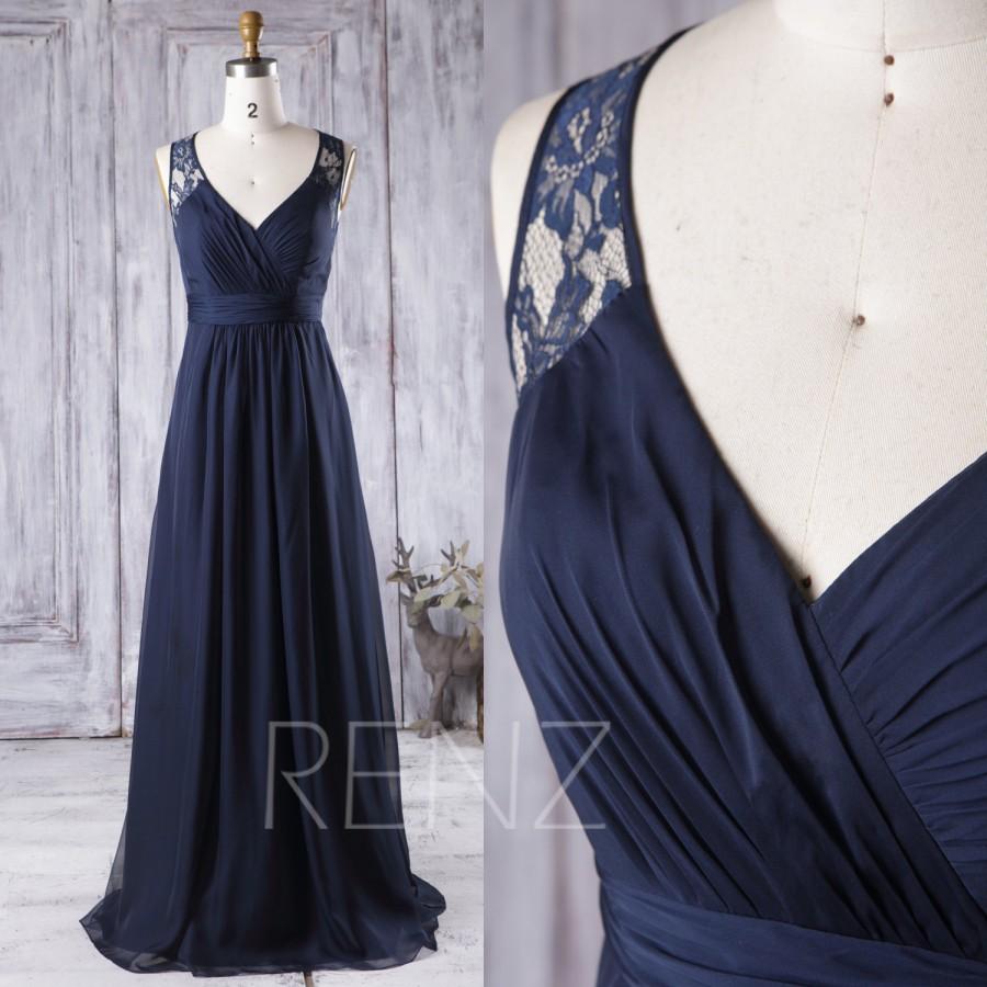 Свадьба - 2016 Navy Blue Bridesmaid Dress Long, V Neck Wedding Dress, Lace Hollow Back Prom Dress, Chiffon Evening Gown Floor Length (J048)