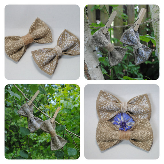 Wedding - Embroidered set of 2 burlap bowties For rustic wedding Set of bow ties Linen Grey Chic Woodland Summer wedding Rustic style Vintage Groom