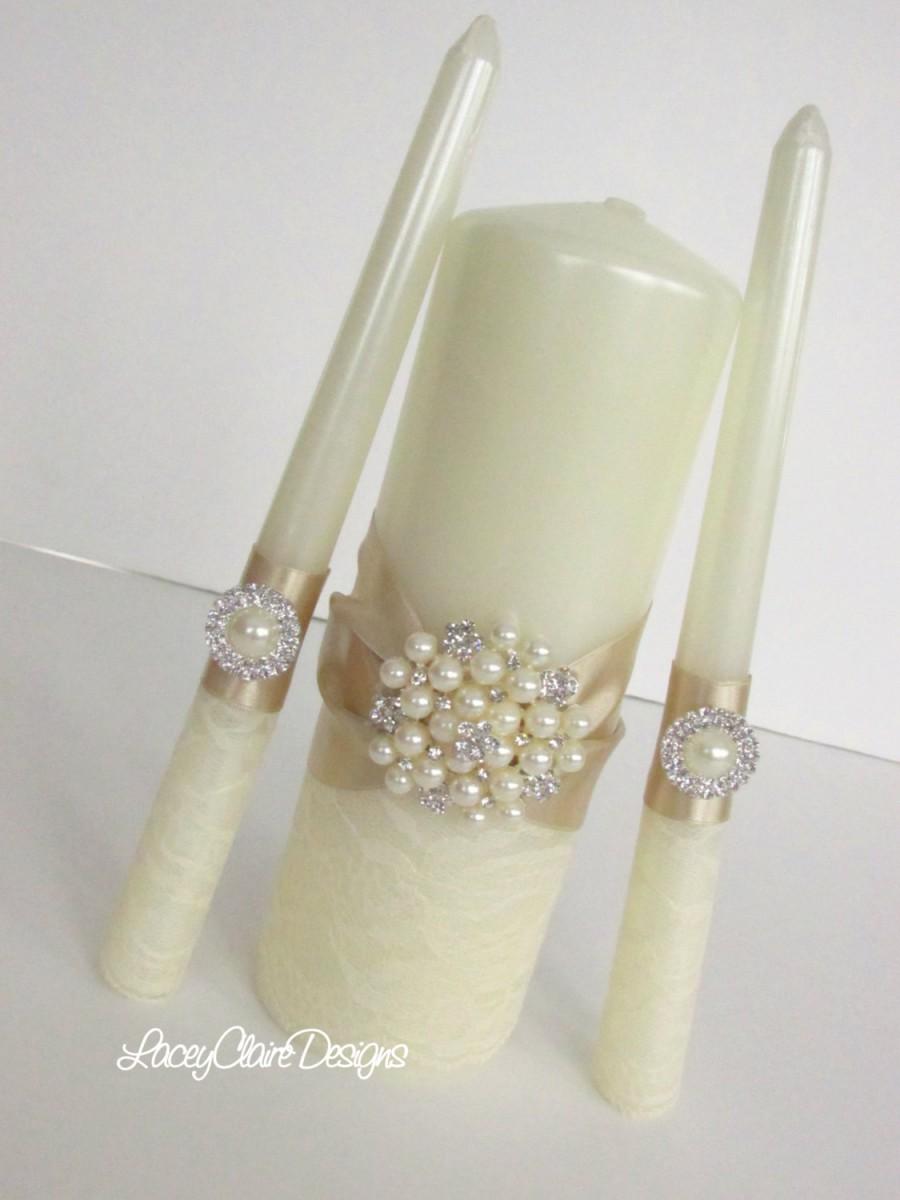 Hochzeit - Lace Unity Candles, Wedding Unity Candle Ceremony Lace Unity Candles Set, Custom Made