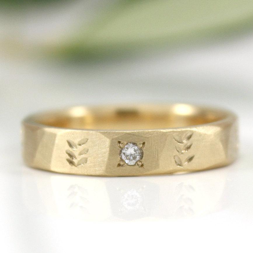 زفاف - Wedding Ring 9K Yellow Gold leaf etched Wedding Band