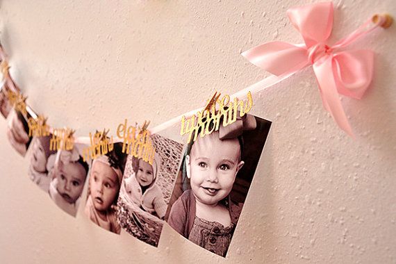 Mariage - Pink And Gold First Birthday Decorations. Ready To Ship. 12 Month Photo Banner. First Birthday Garland