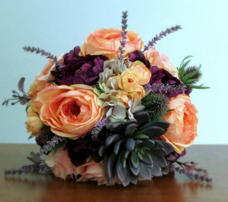 Mariage - RESERVED - Coral, Peach, Silver Grey, Plum Purple Silk Flower Bridal Bouquet, Roses, Succulents, Hydrangea, Anemone, "Enchanting" (Balance)