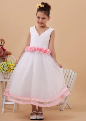 Wedding - Flowers Tulle Pink Zipper Sleeveless White V-neck Ruched Tea Length