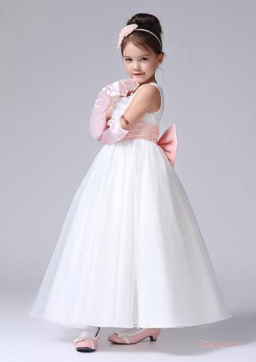 زفاف - Bowknot Tulle Sleeveless White Straps Zipper Ruched Tea Length Ball Gown