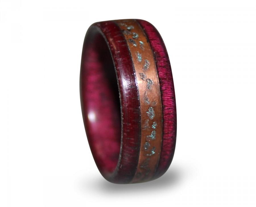 Свадьба - Purple Heart Ring, Amaranth Wood Ring, Wooden Ring With Patina Copper Ring Inlay