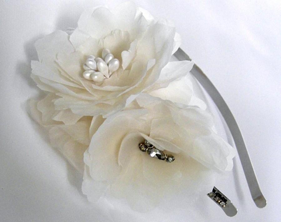 Hochzeit - Champagne Ivory Bridal Hairpiece, Peony Flowers,Vintage Bold Romantic Headband, Rhinestone Accents -ABIGAIL