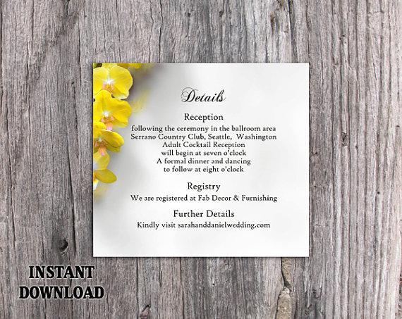 Hochzeit - DIY Wedding Details Card Template Editable Word File Instant Download Printable Yellow Detail Card Orchid Details Card Floral Enclosure Card