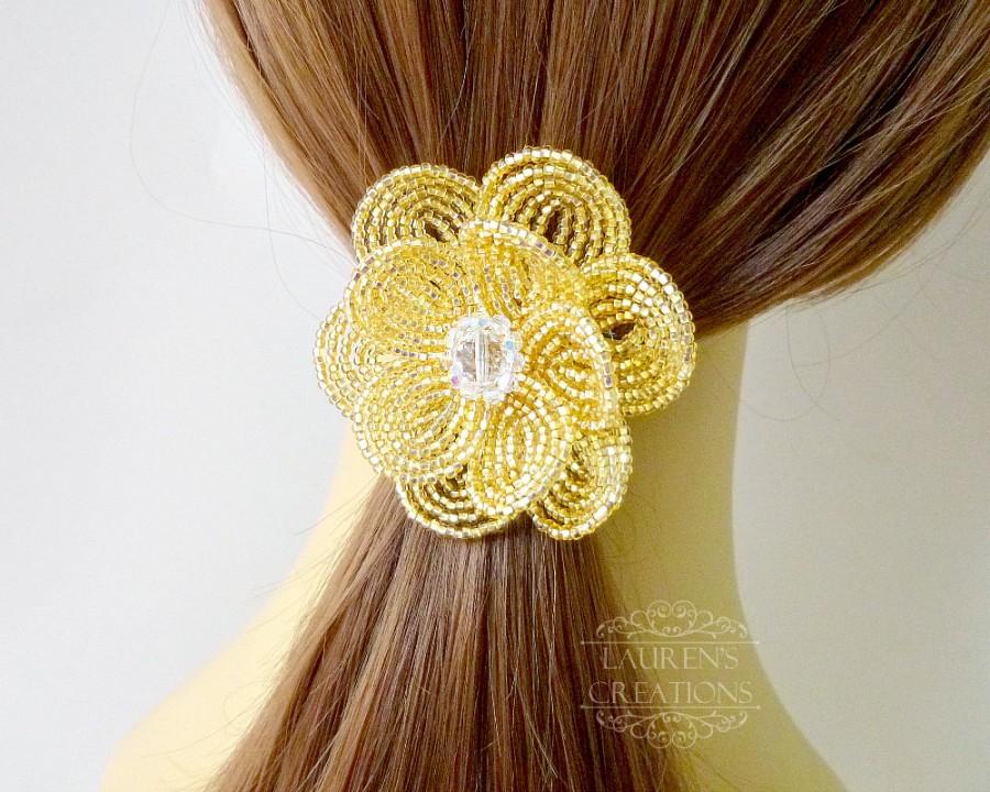 Hochzeit - Sparkling Gold French Beaded Flower Hair Clip, wedding hair piece, bridesmaid hair pin, bidal alligator clip, golden bridal hair accessory