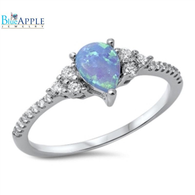 Wedding - Solid 925 Sterling Silver Wedding Engagement Anniversary Ring Pear Shape Lab Created Light Blue Opal Diamond CZ Solitaire Accent Dazzling