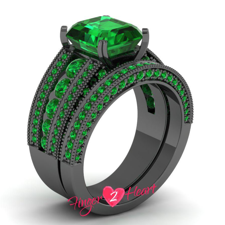 Свадьба - Unique Wedding Ring Set 3.10 Ct Green Princess 925 Sterling Silver Engagement Ring Set Bridal Band 10K Black Gold Finish Promise Ring Set