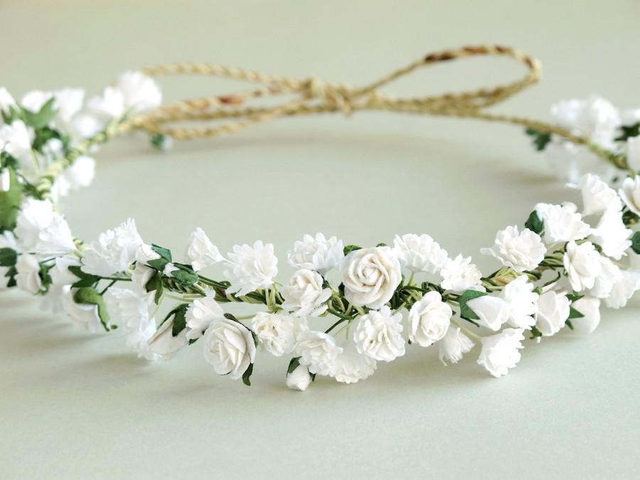 Mariage - Gypsophila Flower Crown - White bridal headpiece - Made of paper baby's breath and natural twine