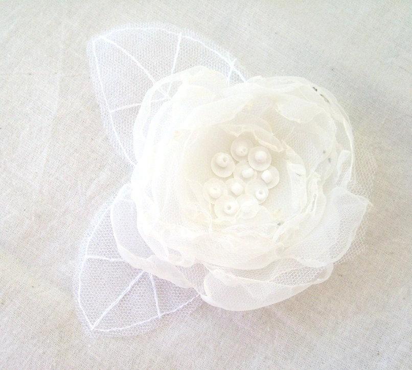 Wedding - Wedding Hair Accessory White Ivory Mix Organza Flower Bridal Hair Clip Brooch with Total White Tulle Leaves by FairytaleFlower