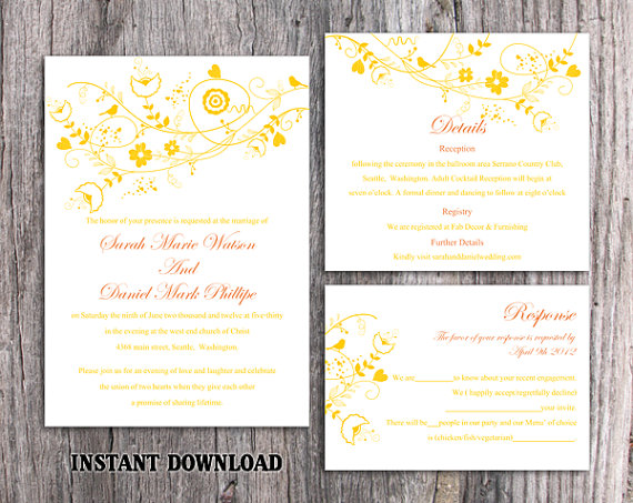Hochzeit - DIY Wedding Invitation Template Set Editable Word File Download Printable Yellow Invitation Floral Wedding Invitation Bird Invitation